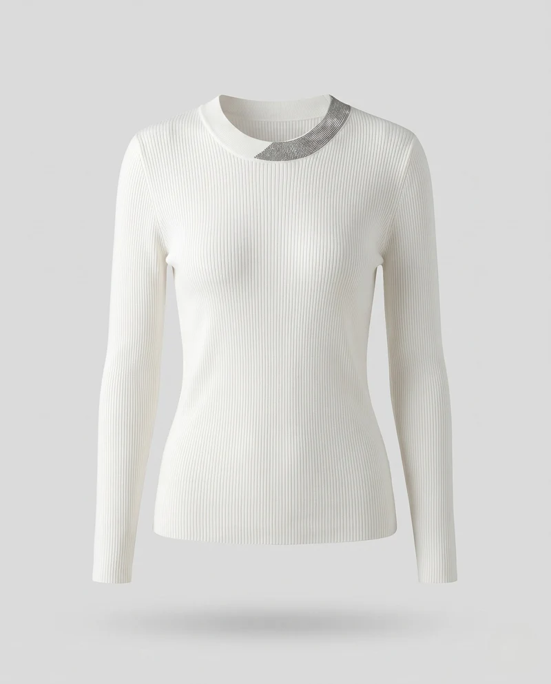 Damen Feiner Rippenstrickpullover mit kontrastierendem Glitzerkragen Nord Taschen