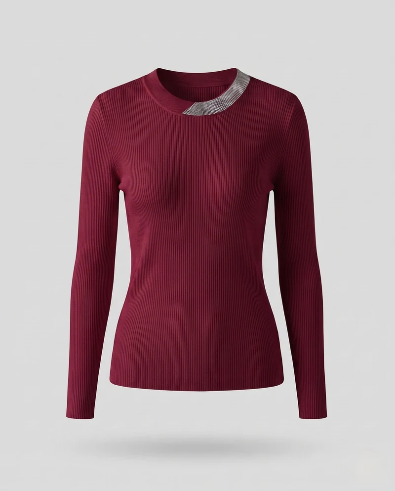 Damen Feiner Rippenstrickpullover mit kontrastierendem Glitzerkragen Nord Taschen