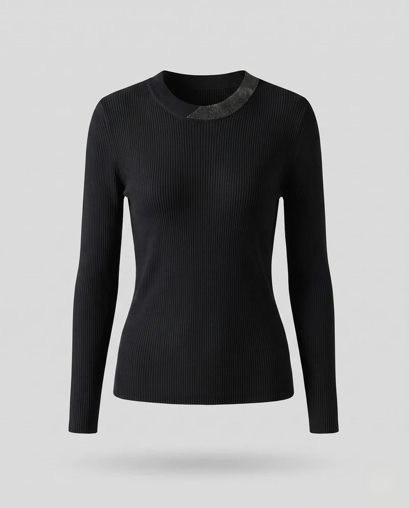 Damen Feiner Rippenstrickpullover mit kontrastierendem Glitzerkragen Nord Taschen