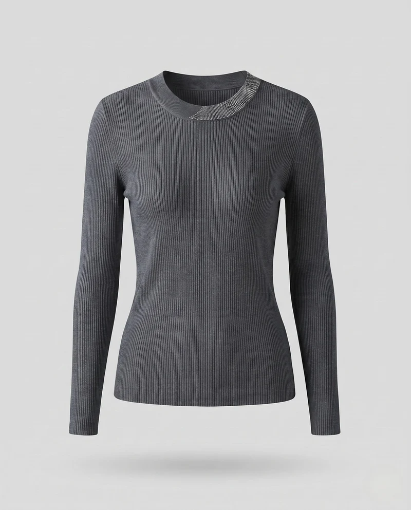 Damen Feiner Rippenstrickpullover mit kontrastierendem Glitzerkragen Nord Taschen
