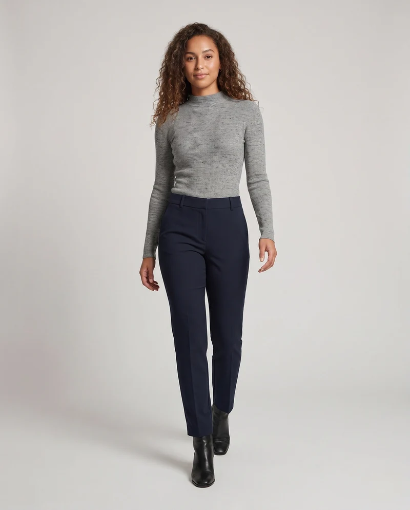 Damen Feiner Rippstrick-Langarmpullover mit kurzem Mockneck und figurnahem Schnitt Nord Taschen