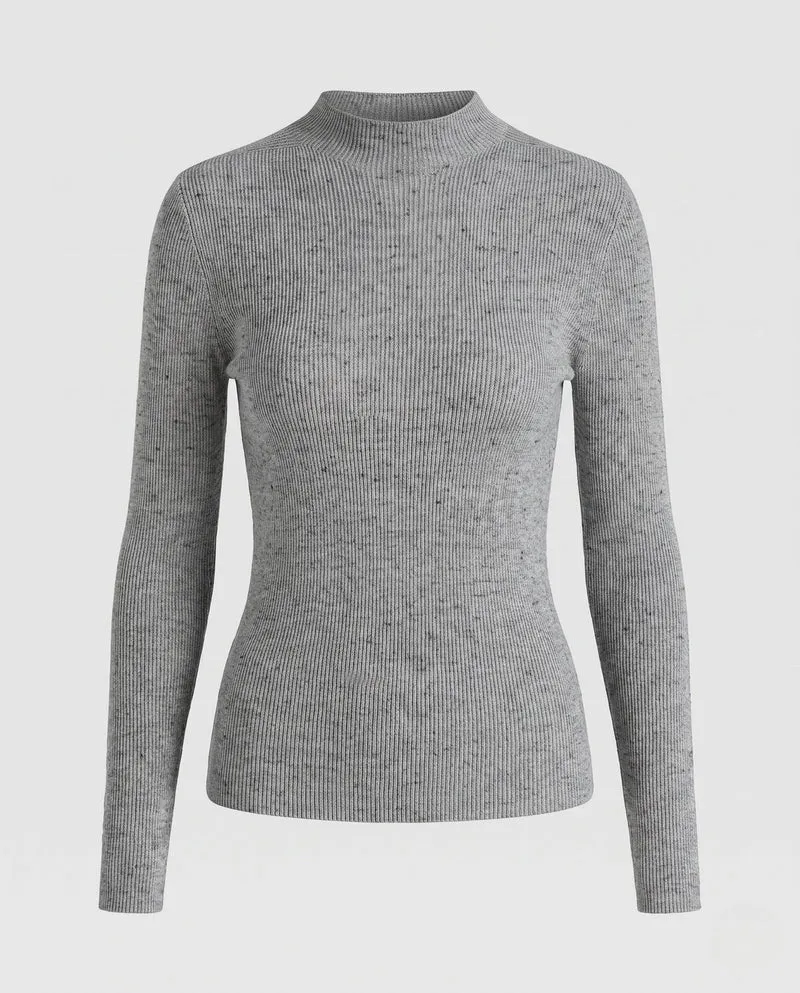 Damen Feiner Rippstrick-Langarmpullover mit kurzem Mockneck und figurnahem Schnitt Nord Taschen