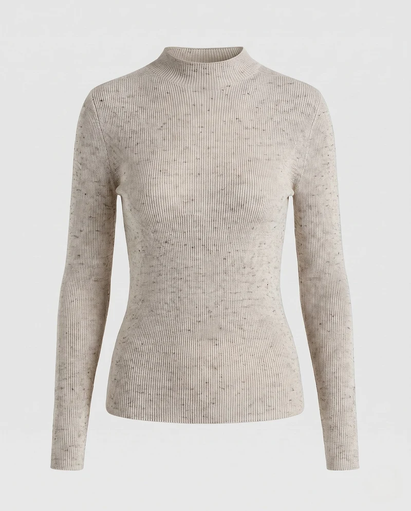 Damen Feiner Rippstrick-Langarmpullover mit kurzem Mockneck und figurnahem Schnitt Nord Taschen