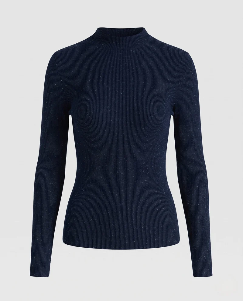 Damen Feiner Rippstrick-Langarmpullover mit kurzem Mockneck und figurnahem Schnitt Nord Taschen