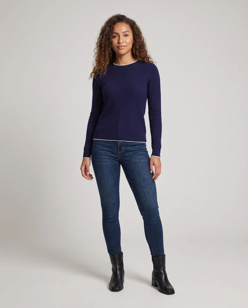Damen Feiner Rippenstrick-Pullover mit kontrastierter Kantenverzierung und legerer Silhouette Nord Taschen
