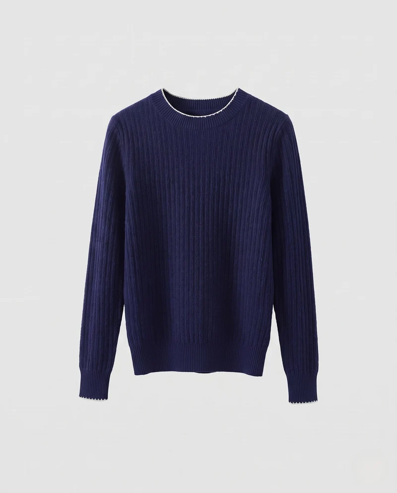 Damen Feiner Rippenstrick-Pullover mit kontrastierter Kantenverzierung und legerer Silhouette Nord Taschen