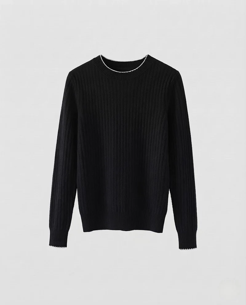 Damen Feiner Rippenstrick-Pullover mit kontrastierter Kantenverzierung und legerer Silhouette Nord Taschen