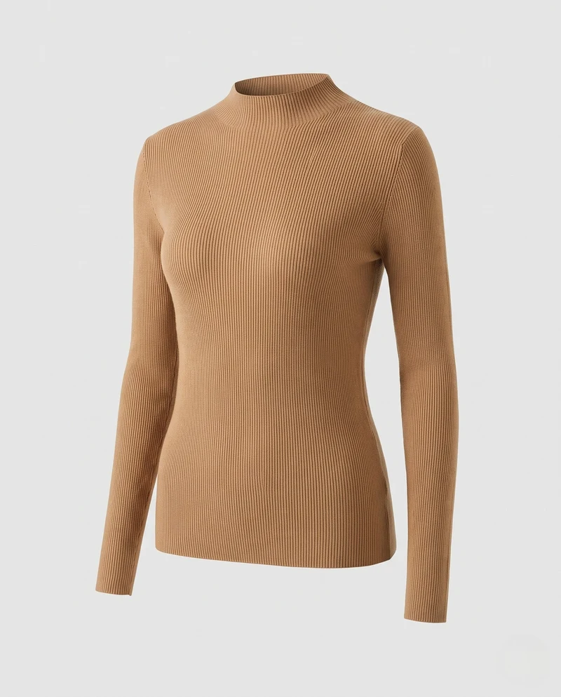 Damen Feiner Rippen-Strickpullover mit kurzem Stehkragen und figurbetonter Passform Nord Taschen