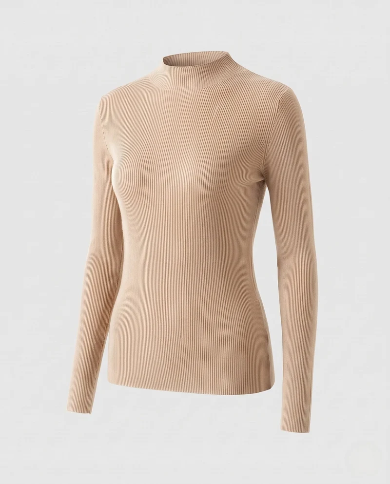 Damen Feiner Rippen-Strickpullover mit kurzem Stehkragen und figurbetonter Passform Nord Taschen