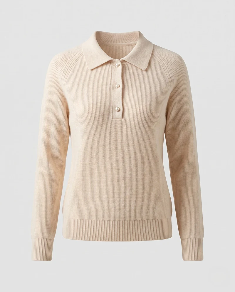 Damen Feiner Polokragen-Feinstrickpullover mit Knopfleiste und kaschmirähnlicher Haptik Nord Taschen