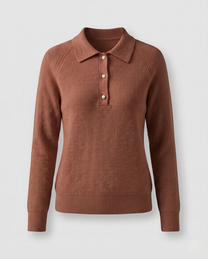 Damen Feiner Polokragen-Feinstrickpullover mit Knopfleiste und kaschmirähnlicher Haptik Nord Taschen