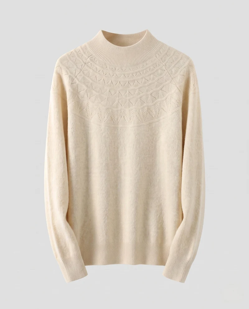 Damen Feiner Pullover aus australischer Wolle mit Ajour-Joch und legerer Passform Nord Taschen