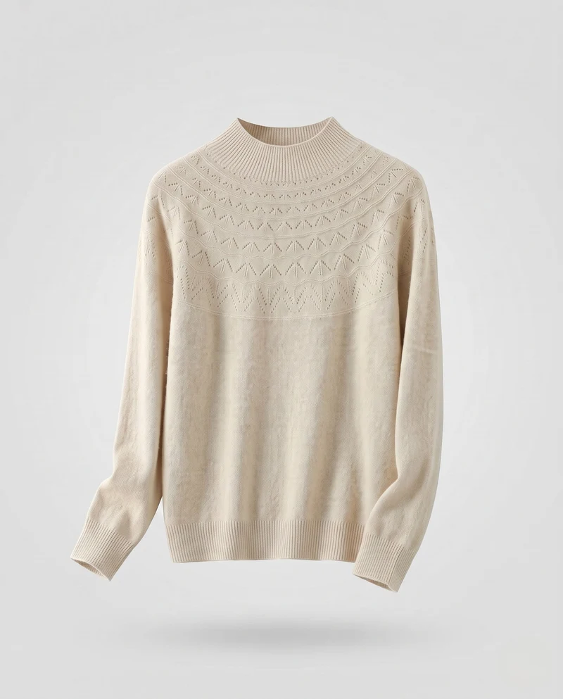 Damen Feiner Mockneck-Pullover mit Ajour-Yoke und kaschmirähnlicher Mohair-Optik Nord Taschen