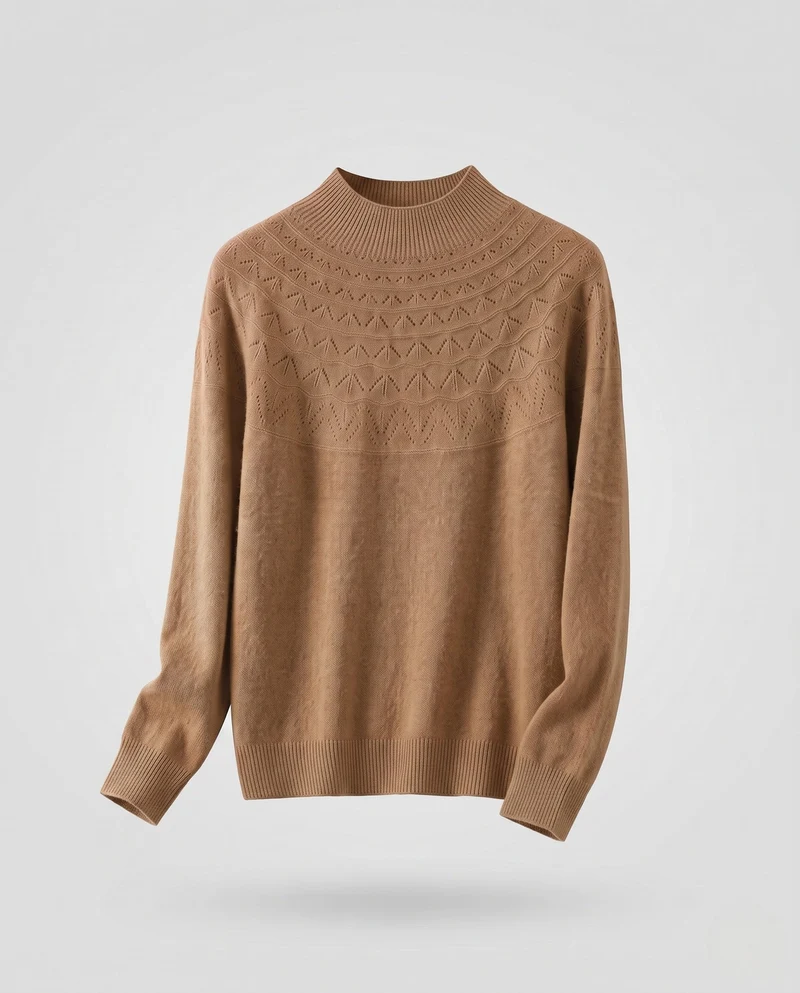 Damen Feiner Mockneck-Pullover mit Ajour-Yoke und kaschmirähnlicher Mohair-Optik Nord Taschen