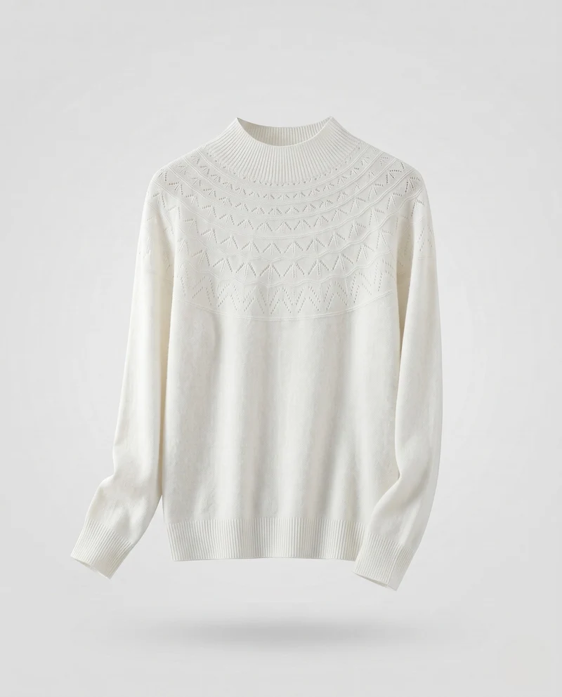Damen Feiner Mockneck-Pullover mit Ajour-Yoke und kaschmirähnlicher Mohair-Optik Nord Taschen