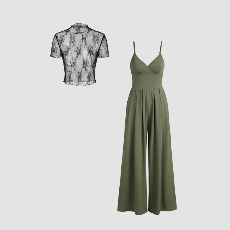 Damen elegantes V-Ausschnitt Jumpsuit mit transparenter Bluse
