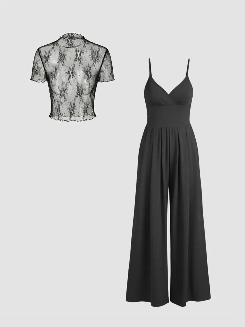 Damen elegantes V-Ausschnitt Jumpsuit mit transparenter Bluse
