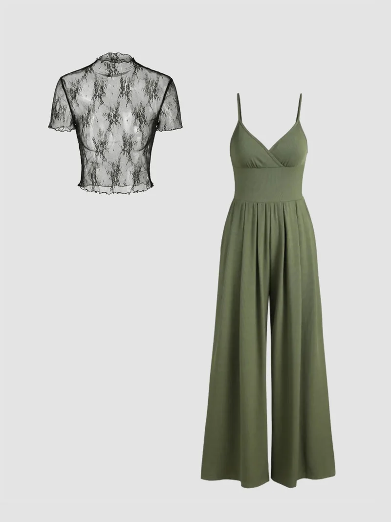 Damen elegantes V-Ausschnitt Jumpsuit mit transparenter Bluse