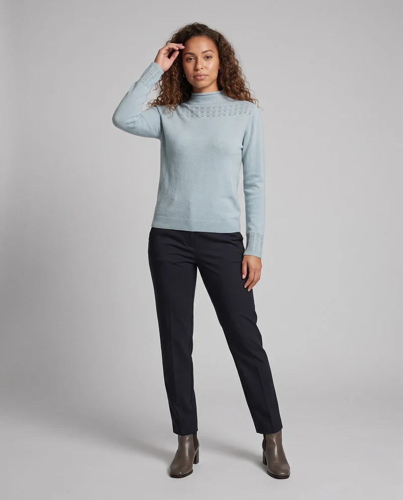 Damen Feinstrick-Pullover mit Mockneck, Ajour‑Yoke und kaschmirähnlicher Weichheit Nord Taschen