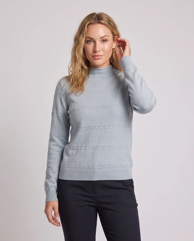 Damen Feinstrick-Pullover mit dezentem Ajourstreifen und kurzem Stehkragen Nord Taschen