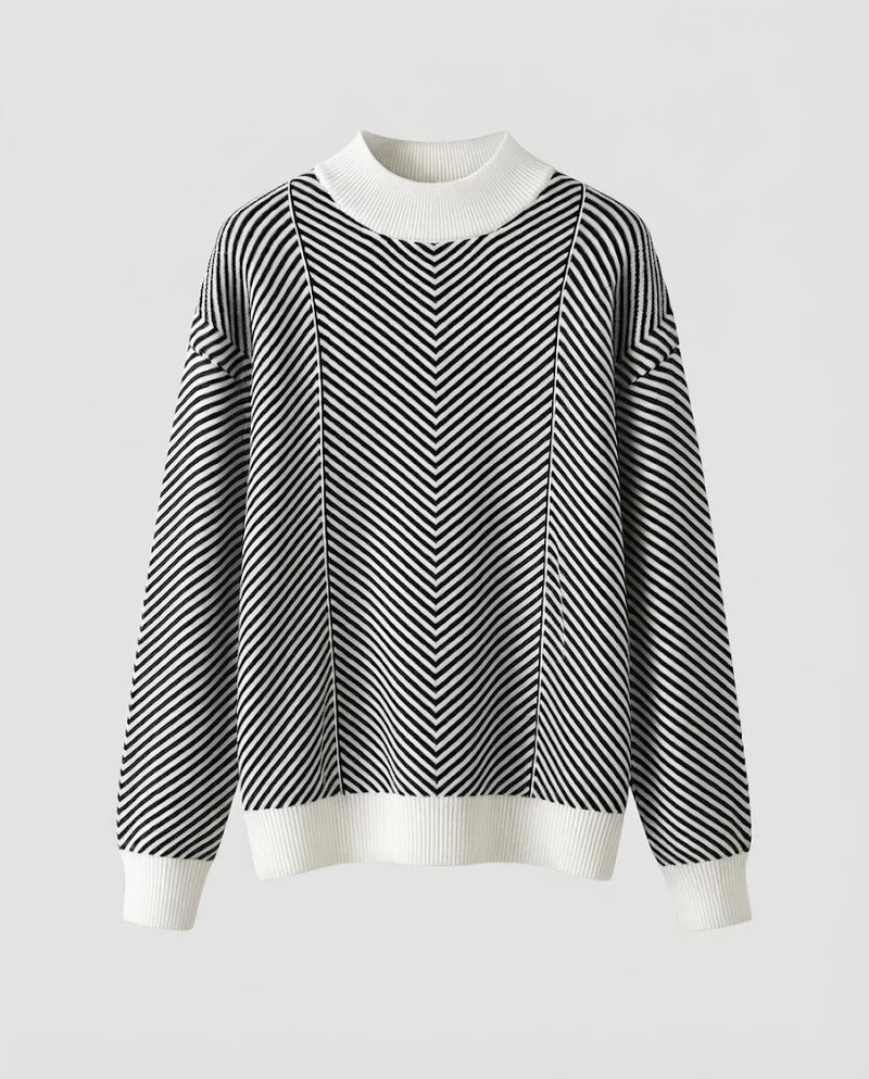 Damen Feinstrick-Pullover mit Chevron-Streifen und leichtem Mockneck Nord Taschen