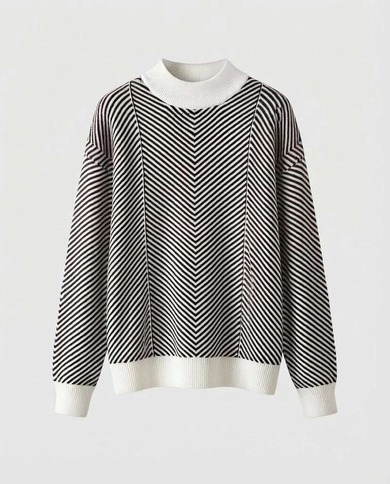 Damen Feinstrick-Pullover mit Chevron-Streifen und leichtem Mockneck Nord Taschen