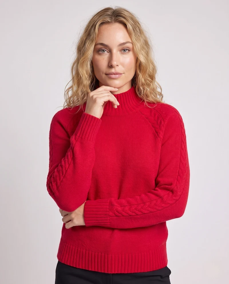 Damen Feinstrick-Mockneckpullover mit Zopfdetail an Raglanärmeln und legerem Oversize-Schnitt Nord Taschen