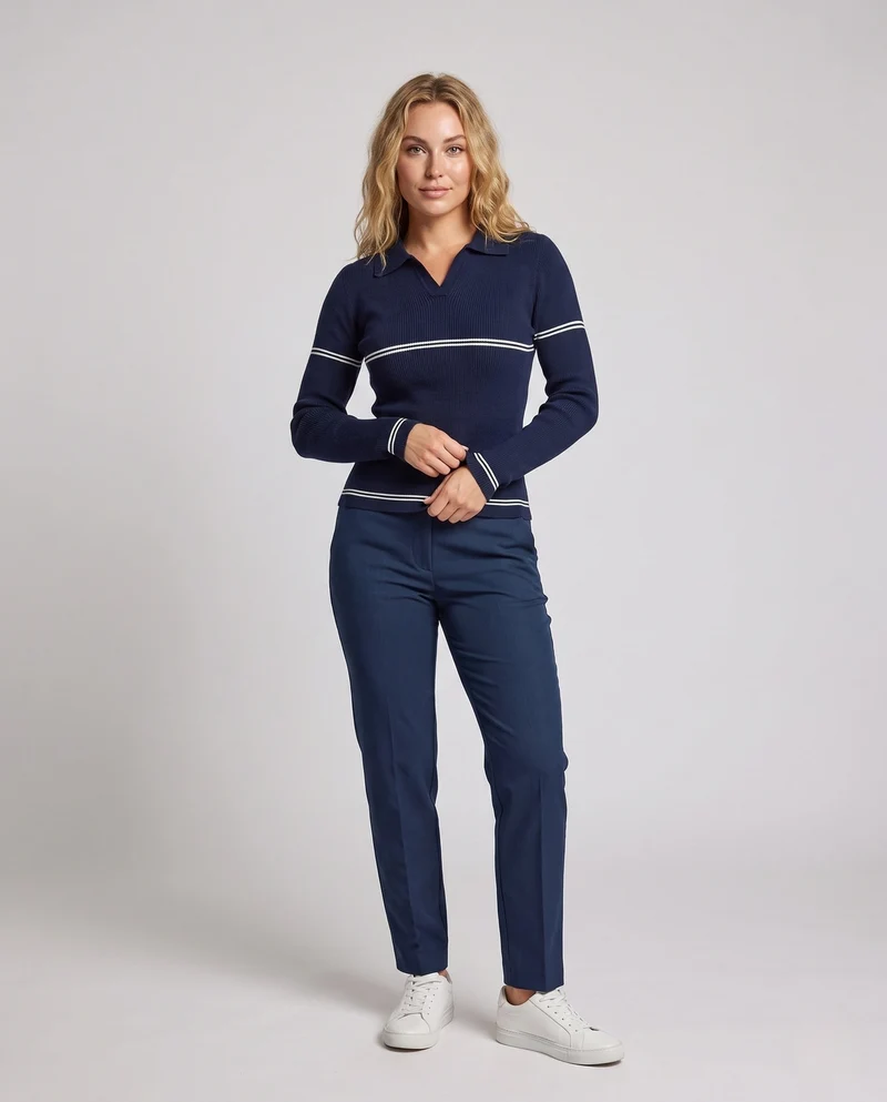 Damen Feinstrick-Polo mit Kontraststreifen und schmaler Rippstruktur Nord Taschen