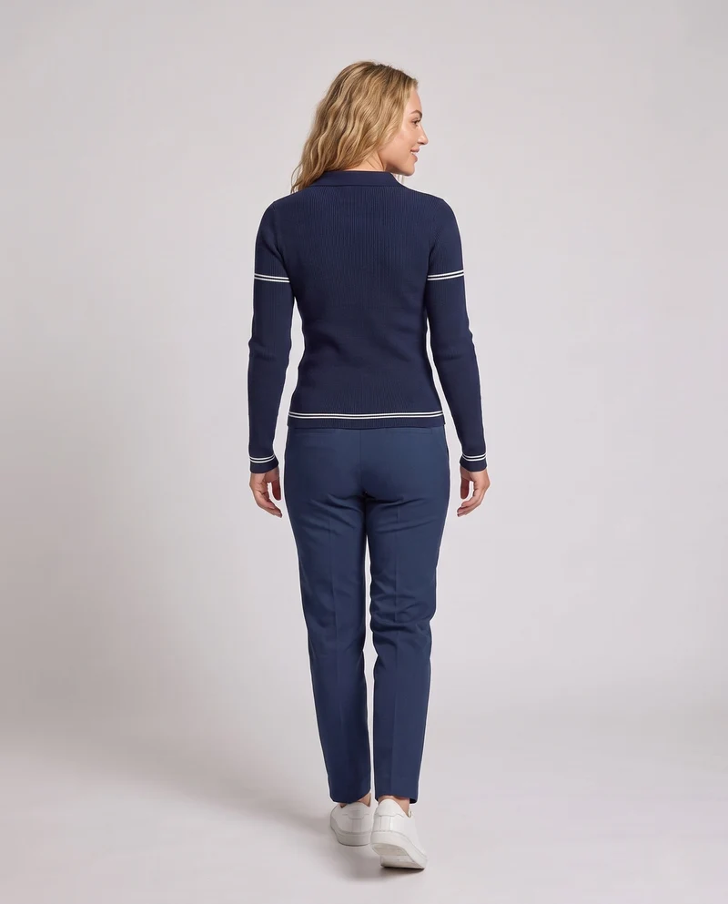 Damen Feinstrick-Polo mit Kontraststreifen und schmaler Rippstruktur Nord Taschen