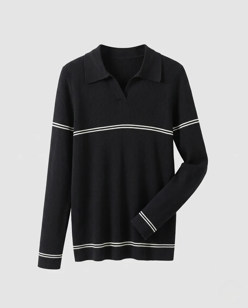 Damen Feinstrick-Polo mit Kontraststreifen und schmaler Rippstruktur Nord Taschen