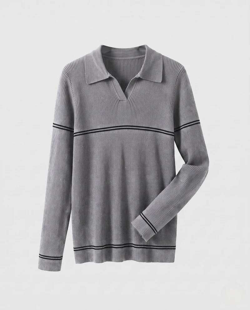 Damen Feinstrick-Polo mit Kontraststreifen und schmaler Rippstruktur Nord Taschen