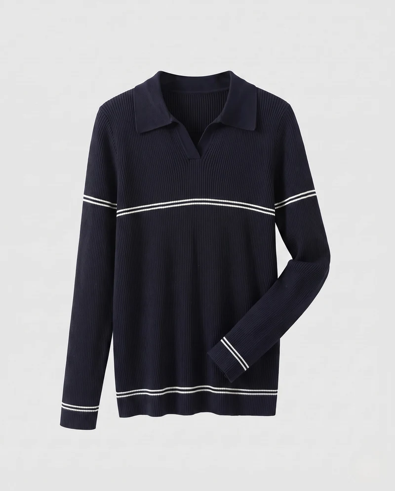 Damen Feinstrick-Polo mit Kontraststreifen und schmaler Rippstruktur Nord Taschen