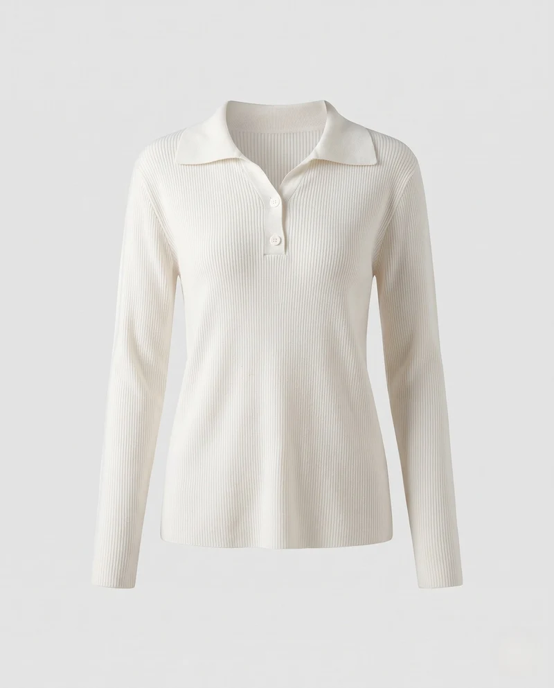 Damen Feinstrick-Polo-Pullover mit Rippenstruktur und Zweiknopfleiste Nord Taschen