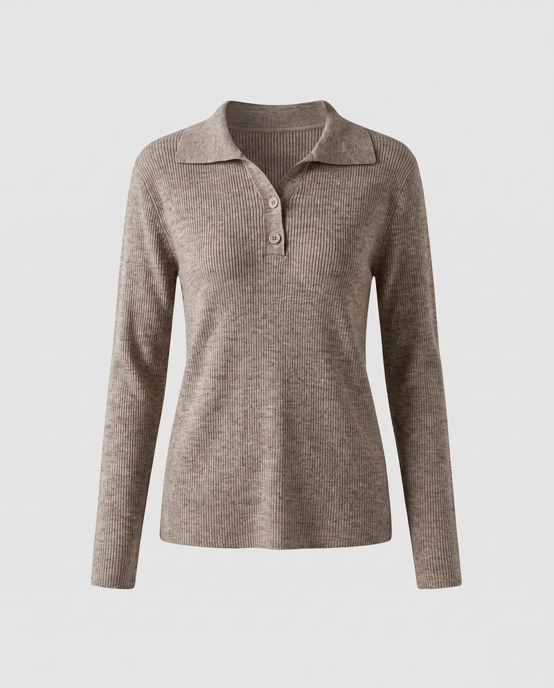 Damen Feinstrick-Polo-Pullover mit Rippenstruktur und Zweiknopfleiste Nord Taschen