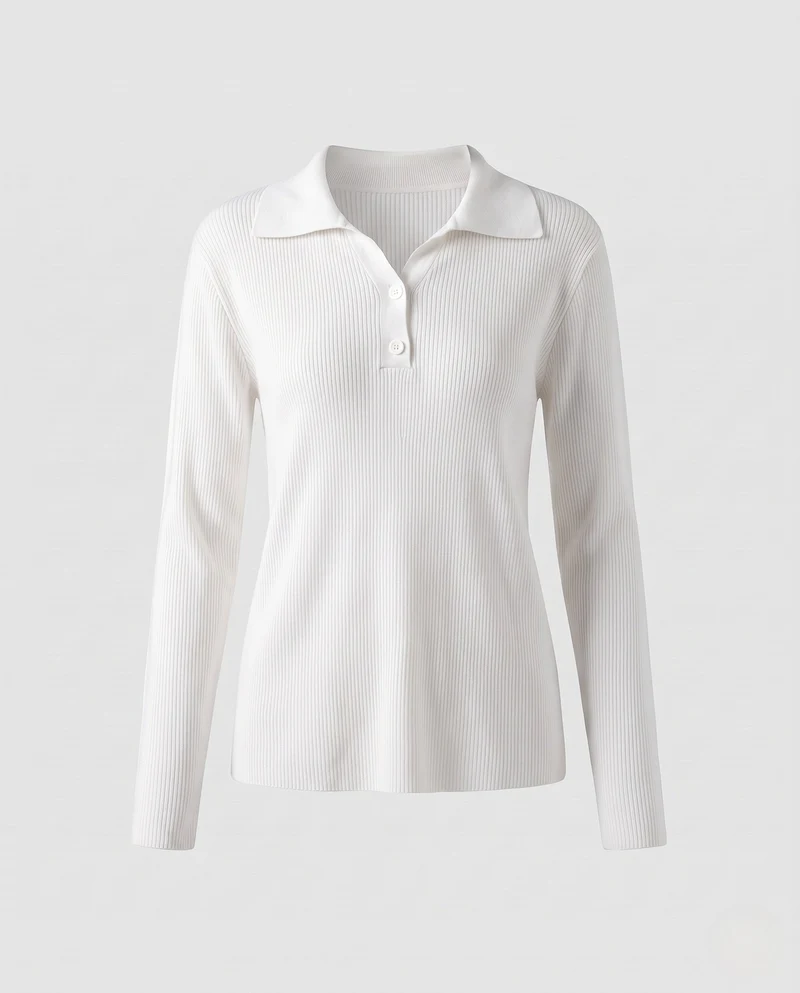 Damen Feinstrick-Polo-Pullover mit Rippenstruktur und Zweiknopfleiste Nord Taschen
