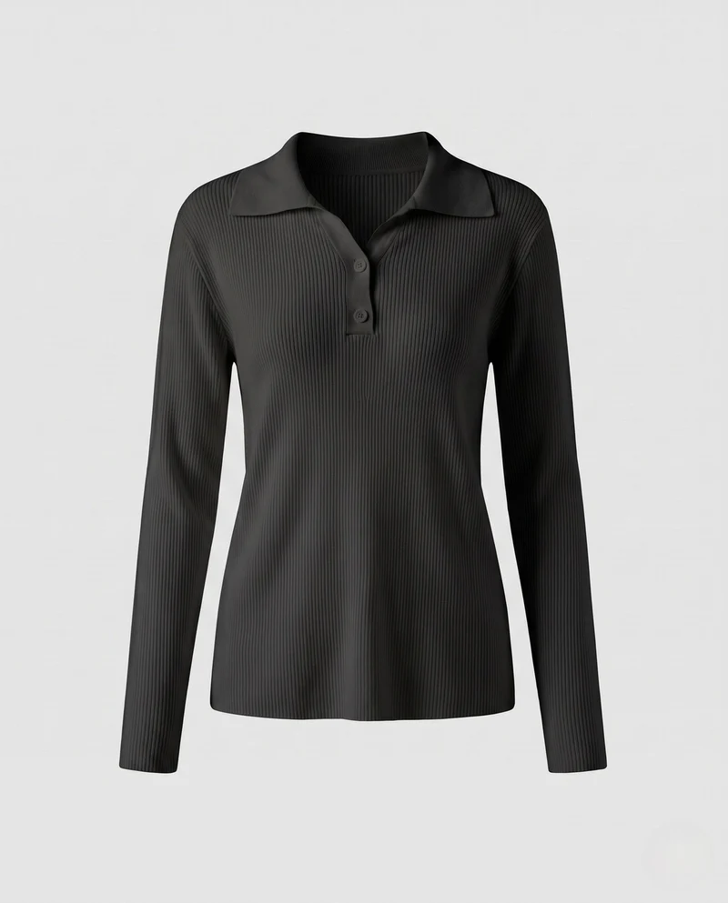 Damen Feinstrick-Polo-Pullover mit Rippenstruktur und Zweiknopfleiste Nord Taschen