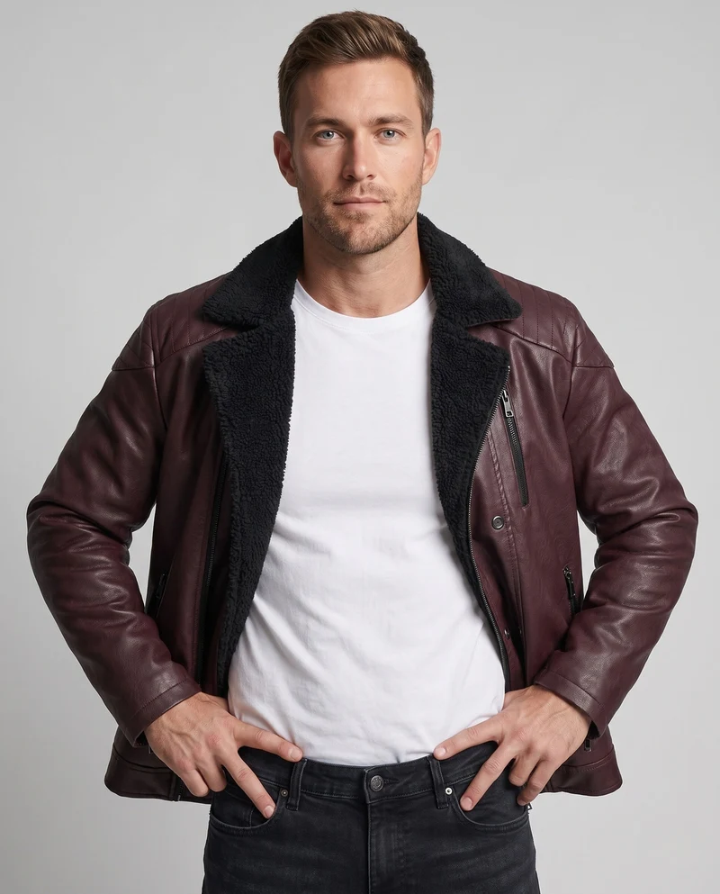 Herren Thermo-Lederimitat-Bomberjacke mit Teddyfutter, Reißverschlusstaschen & Druckknopfblende Nord Taschen