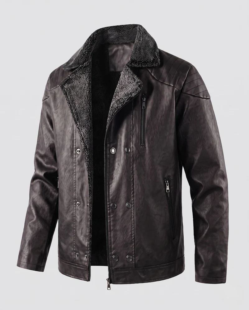 Herren Thermo-Lederimitat-Bomberjacke mit Teddyfutter, Reißverschlusstaschen & Druckknopfblende Nord Taschen