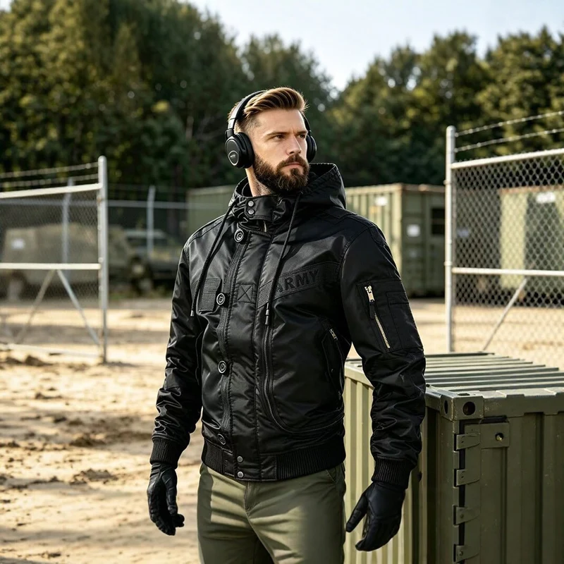 Herren Militärinspirierte Kapuzen-Bomberjacke mit Utility-Taschen Nord Taschen