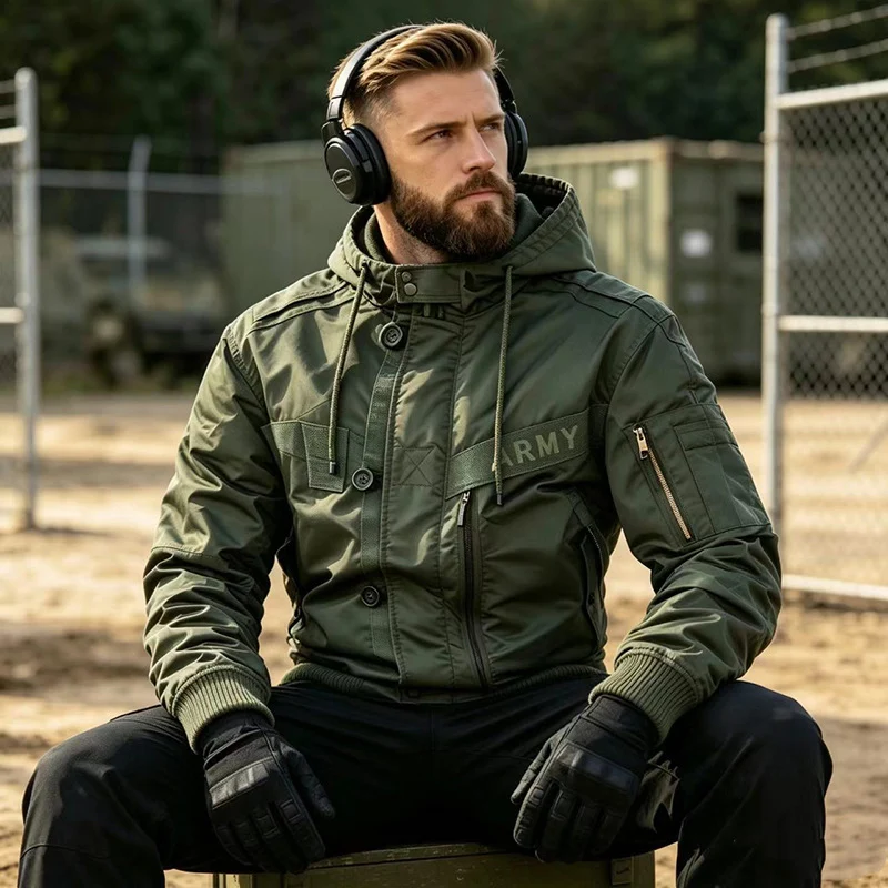 Herren Militärinspirierte Kapuzen-Bomberjacke mit Utility-Taschen Nord Taschen