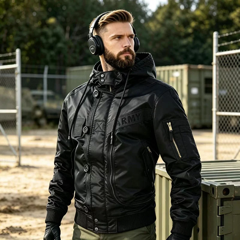 Herren Militärinspirierte Kapuzen-Bomberjacke mit Utility-Taschen Nord Taschen