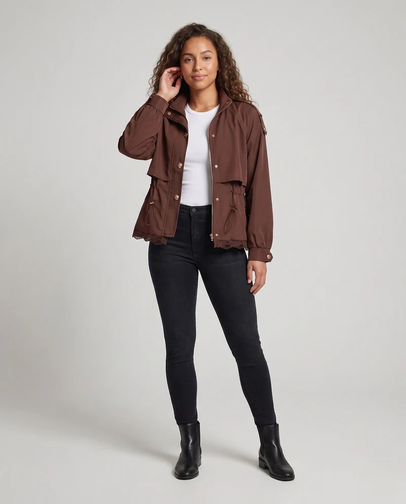 Damen Utility-Fieldjacke mit Tunnelzug, Spitzenbesatz und Stehkragen Nord Taschen