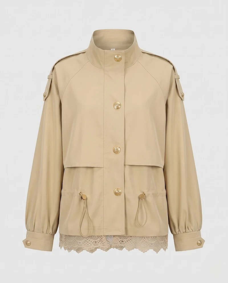 Damen Utility-Fieldjacke mit Tunnelzug, Spitzenbesatz und Stehkragen Nord Taschen