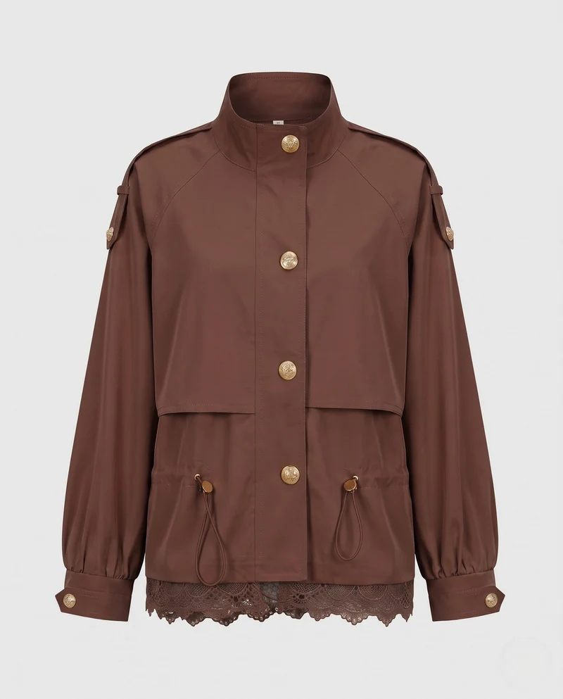 Damen Utility-Fieldjacke mit Tunnelzug, Spitzenbesatz und Stehkragen Nord Taschen