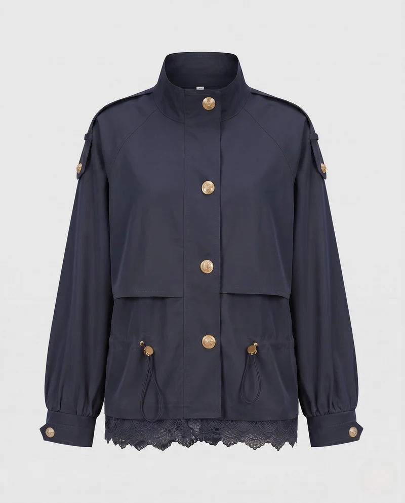 Damen Utility-Fieldjacke mit Tunnelzug, Spitzenbesatz und Stehkragen Nord Taschen