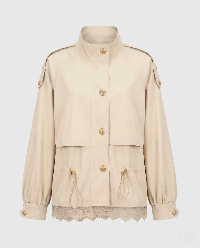 Damen Utility-Fieldjacke mit Tunnelzug, Spitzenbesatz und Stehkragen Nord Taschen