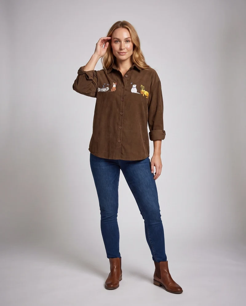 Frauen Gemütliche und Modische Shirt-Bluse mit Katzenstickerei Nord Taschen