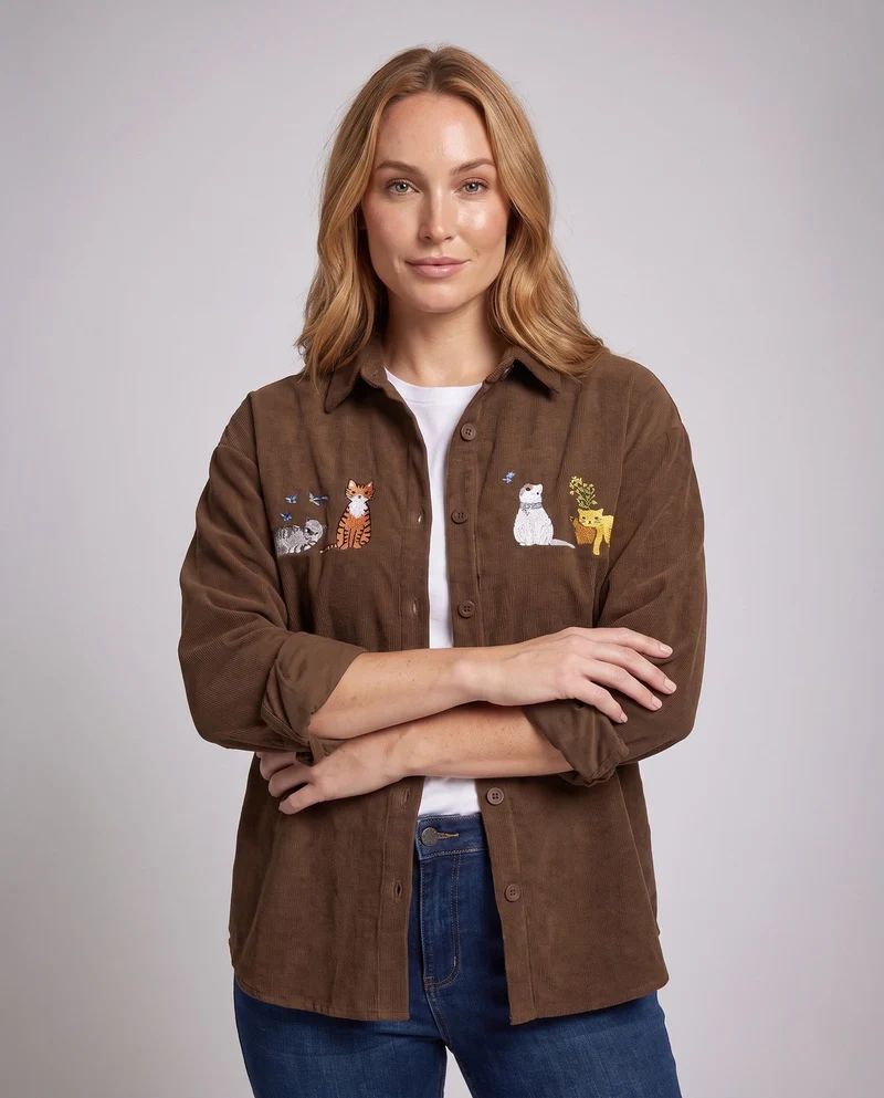 Frauen Gemütliche und Modische Shirt-Bluse mit Katzenstickerei Nord Taschen