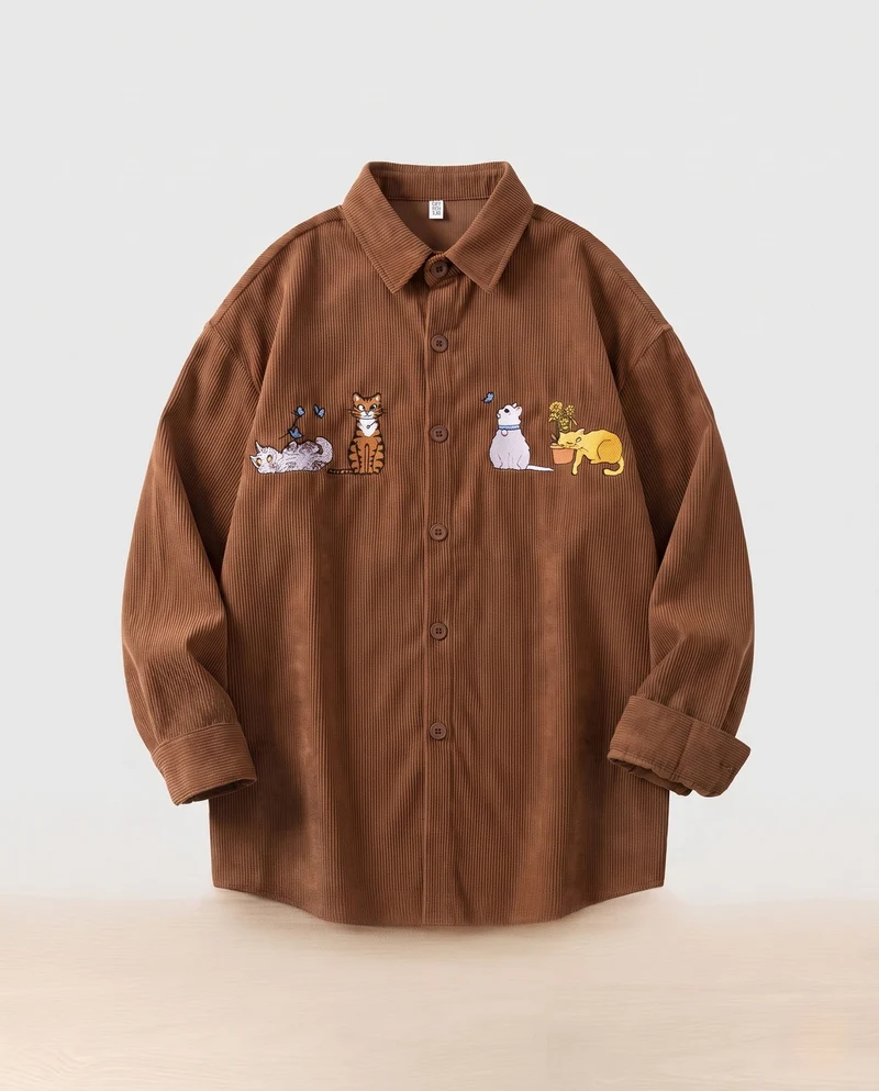 Frauen Gemütliche und Modische Shirt-Bluse mit Katzenstickerei Nord Taschen