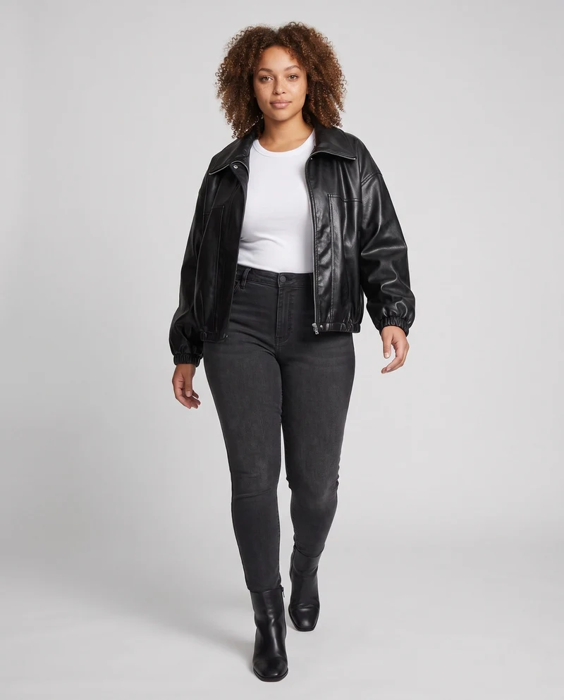 Damen Oversized Kunstlederjacke im Bomberstil mit Tunnelzugsaum Nord Taschen